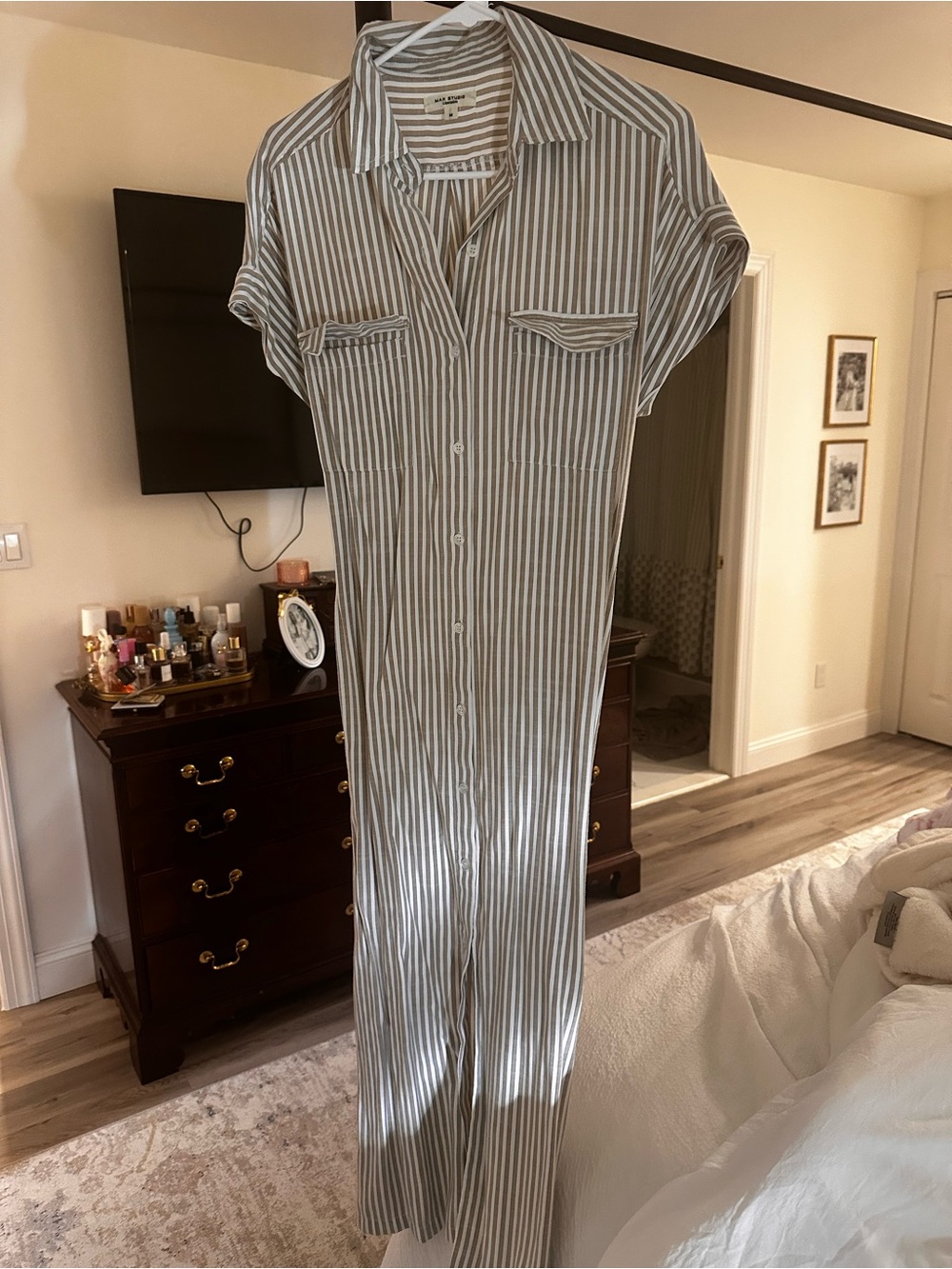 Max Studio Blue and White Striped Maxi Shirt Dress